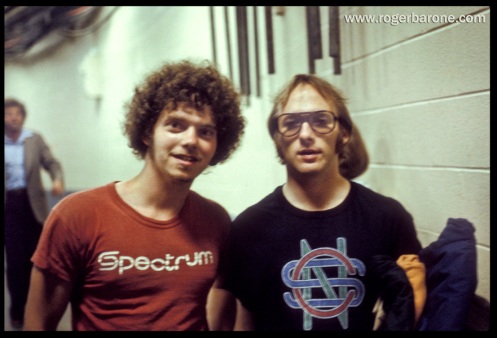 Stephen Stills poses for a photo with me after the second CSN show in Philly. I'm wearing a Spectrum T-shirt and Stills has a CSN shirt. The shirts tell the story. © PERRY CAMPAGNIA 1977